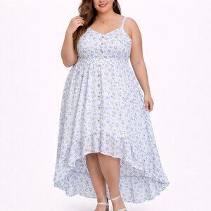 Liberty Love Blue and White Floral High Low Dress 2XL Cottagecore Floral Light